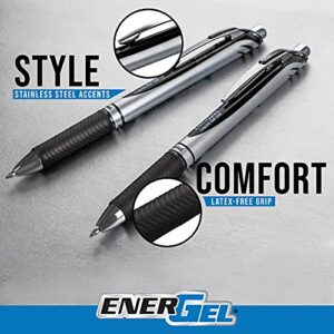 Pentel® EnerGel™ Retractable Liquid Gel Pens, Medium Point, 0.7 mm, Silver Barrel, Black Ink, Pack Of 12