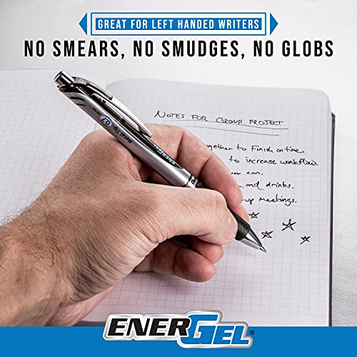 Pentel® EnerGel™ Retractable Liquid Gel Pens, Medium Point, 0.7 mm, Silver Barrel, Black Ink, Pack Of 12