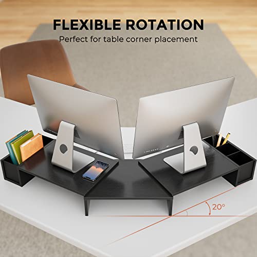 LORYERGO Dual Monitor Stand Riser, Laptop Stand with Storage Accessories Slots, Length and Angle Adjustable Computer Stand, Desktop Stand with Storage Organizer for Computer, Laptop, Printer