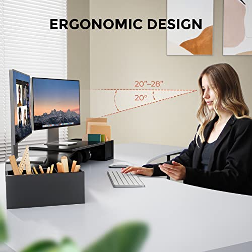 LORYERGO Dual Monitor Stand Riser, Laptop Stand with Storage Accessories Slots, Length and Angle Adjustable Computer Stand, Desktop Stand with Storage Organizer for Computer, Laptop, Printer