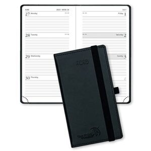 poprun pocket calendar 2023 planner weekly and monthly for purse – agenda 2023 with vegan leather hard cover, elastic closure, pen holder and more, 3.5″ x 6.5″, black