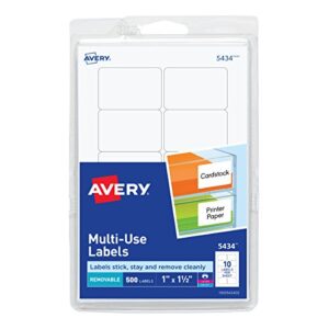 avery self-adhesive removable labels, 1 x 1.5 inches, white, 500 per pack (05434)