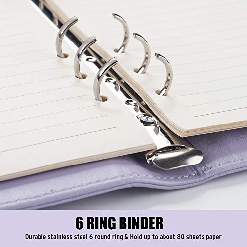 Sooez A5 Notebook Binder, 6 Ring Planner with Stylish Design, Loose Leaf Personal Organizer Binder Cover with Magnetic Buckle Closure, PU Leather Binder for Women with Macaron Colors (Lavender)