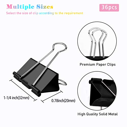 Medium Binder Clips 1.25 Inch Black 36 PCS, Binder Clips 32mm for Teacher School Office and Business