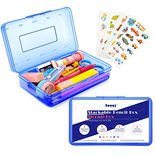 Sooez Pencil Box, Plastic Pencil Case, Hard Pencil Case with Stickers, Crayon Box, Large Plastic Pencil Boxes with Lid, Stackable Supply Boxes, Pencil Case Box for Kids School Boys Classroom, Blue