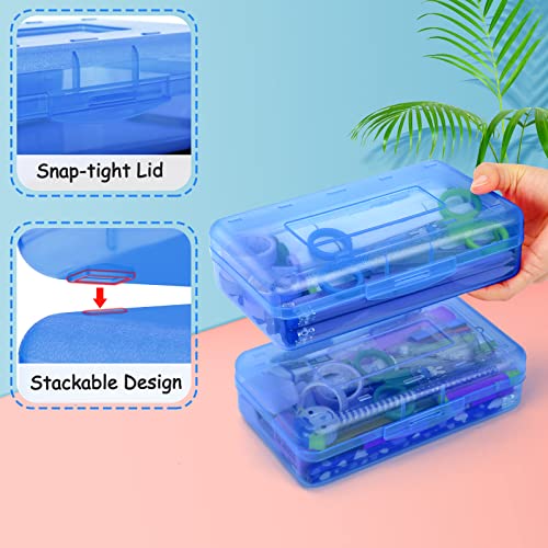 Sooez Pencil Box, Plastic Pencil Case, Hard Pencil Case with Stickers, Crayon Box, Large Plastic Pencil Boxes with Lid, Stackable Supply Boxes, Pencil Case Box for Kids School Boys Classroom, Blue