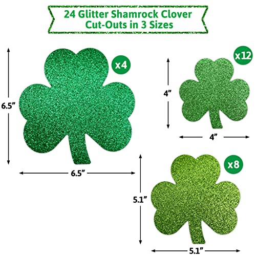 Glitter Shamrock Cutouts St. Patrick's Day Cut-Out Clover Assorted Sizes for Party Decoration 24 Pcs