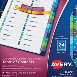 Avery Double Column 24 Tab Dividers for 3 Ring Binders, Customizable Table of Contents, Multicolor Tabs, 1 Set (11321)