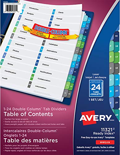 Avery Double Column 24 Tab Dividers for 3 Ring Binders, Customizable Table of Contents, Multicolor Tabs, 1 Set (11321)