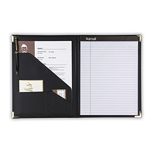 Samsill Classic Business Padfolio, Executive Portfolio, Black Faux Leather, Brass Corners, Resume Document Organizer, Holds 8.5 x 11” Writing Pad, Pen Loop