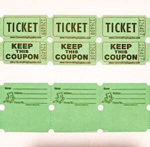 100 green colored raffle tickets double roll 50/50 carnival fair split the pot one hundred consecutively numbered fundraiser festival event party door prize drawing perforated stubs