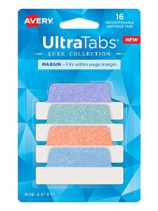 avery margin ultra tabs, 2.5″ x 1″, pastel sparkle shimmer designs, 16 repositionable page tabs (74150)