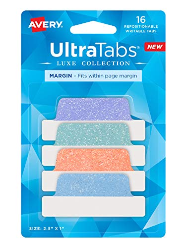 Avery Margin Ultra Tabs, 2.5" x 1", Pastel Sparkle Shimmer Designs, 16 Repositionable Page Tabs (74150)