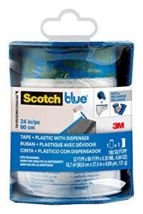 scotchblue pre-taped painter’s plastic with dispenser, prepares and protects in one easy step, multi-surface painter’s tape and plastic for indoor use, 24 inches x 30 yards, 1 roll