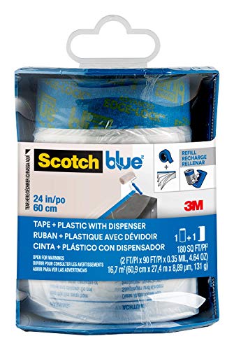 ScotchBlue Pre-Taped Painter's Plastic with Dispenser, Prepares and Protects in One Easy Step, Multi-Surface Painter's Tape and Plastic for Indoor Use, 24 Inches x 30 Yards, 1 Roll