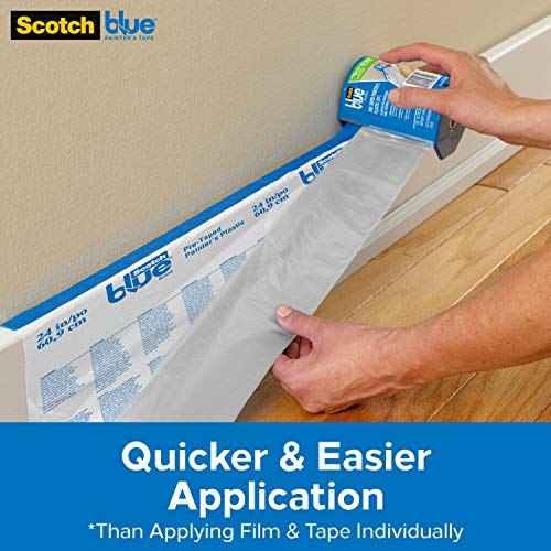 ScotchBlue Pre-Taped Painter's Plastic with Dispenser, Prepares and Protects in One Easy Step, Multi-Surface Painter's Tape and Plastic for Indoor Use, 24 Inches x 30 Yards, 1 Roll