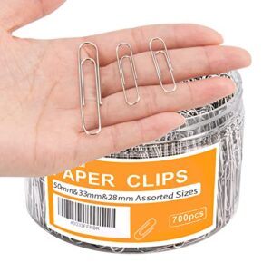 700 Paper Clips, Assorted Sizes Medium and Jumbo Size, for Office School and Home Use(28 mm, 33mm, 50 mm) (Silver)