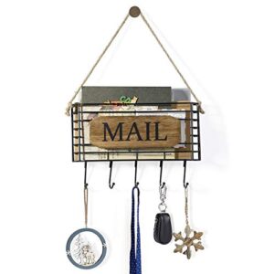 SRIWATANA Mail Organizer Wall Mount, Rustic Mail Holder Key Holder for Wall with Hooks, Small Size, Carbonized Black