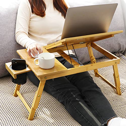 HUANUO Lap Desk- Fits up to 15.6  Inch Laptop Desk, Foldable Bed Tray Breakfast Table with 5 Angles Tilting Top, Height Adjustable Laptop Stand with Storage Net