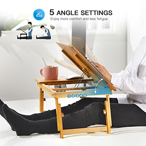 HUANUO Lap Desk- Fits up to 15.6  Inch Laptop Desk, Foldable Bed Tray Breakfast Table with 5 Angles Tilting Top, Height Adjustable Laptop Stand with Storage Net