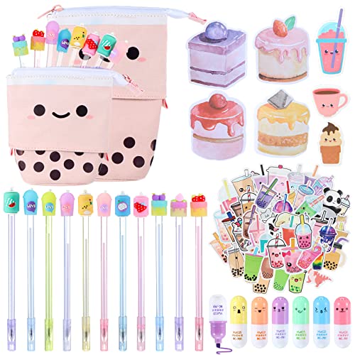 228 Pcs Kawaii Stationary Set Include Telescopic Boba Pencil Pouch Case Bag Gel Ink Pen Sticky Note Bubble Tea Sticker Pill Highlighter Stationary Cute School Supplies for Christmas Gift Kids (Vivid)