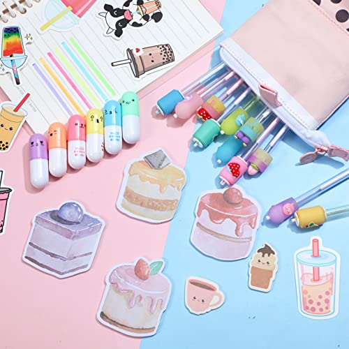 228 Pcs Kawaii Stationary Set Include Telescopic Boba Pencil Pouch Case Bag Gel Ink Pen Sticky Note Bubble Tea Sticker Pill Highlighter Stationary Cute School Supplies for Christmas Gift Kids (Vivid)