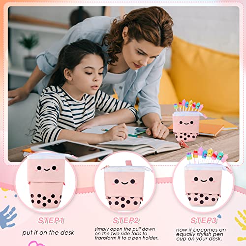 228 Pcs Kawaii Stationary Set Include Telescopic Boba Pencil Pouch Case Bag Gel Ink Pen Sticky Note Bubble Tea Sticker Pill Highlighter Stationary Cute School Supplies for Christmas Gift Kids (Vivid)