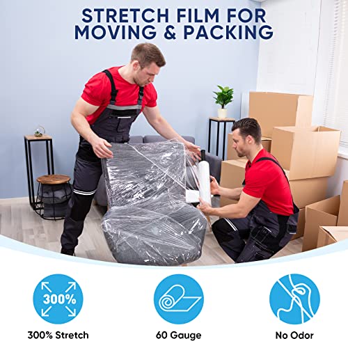 TICONN 2PK Stretch Wrap Stretch Film Roll, 1000ft 60 Gauge Industrial Strength 15 inch Wide Clear Plastic Wrap with Handles for Pallet Wrapping Shipping and Surface Protection (1000ft, 2pk)