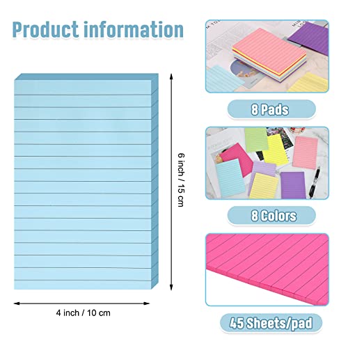 EOOUT 8 Pack Lined Sticky Notes 4x6 Inches, Pastel Ruled Self-Stick Pads, Colorful Super Sticking Power Memo Pads, Strong Adhesive Notes for Home, Office, School, Meeting, 45 Sheets/pad