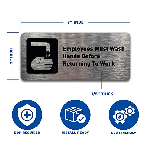 Employees Must Wash Hands Before Returning to Work Sign - Restroom Signs for Business - Includes Adhesive Strips - Modern Bathroom Signs for Offices, Businesses, & Restaurants - Wash your Hands Sign - 7"W x 3"H (Brushed Aluminum)