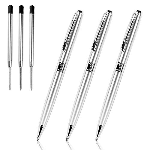 Cambond Silver Ballpoint Pens Black Ink, Stainless Steel Uniform Pens for Gift Business Men Police Flight Attendant, 1.0 mm Medium Point Nice Pens, 3 Pens with 3 Refills, Silver - CP0201