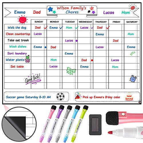 Magnetic Chore Chart for Kids Teens and Adults 12 x 17 Inches - Dry Erase Whiteboard Reward Chart for Multiple Kids with 5 Markers and Eraser - Daily Responsibility Planner Schedule Board for Kids