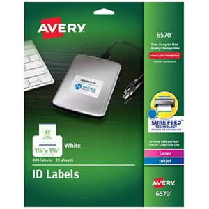 avery id labels, sure feed technology, permanent adhesive, 1.25″ x 1.75″, 480 labels (6570)