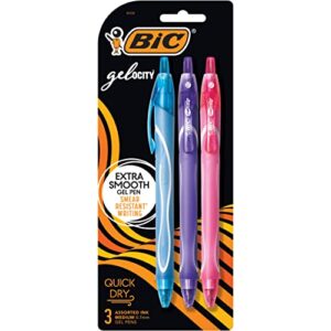 bic gel-ocity quick dry gel pens, medium point retractable gel pen (0.7mm), assorted colors, 3-count