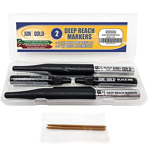 June Gold 2 Black Deep Reach Markers, 2 Ink Refill Bottles, 2 Tip Replacements, 30 mm Reach & 2 mm Felt Tip