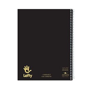 roaring spring lefty wirebound spiral left handed notebook, one subject, 8.5″x10.5″, 100 white sheets wide ruled paper, asst colors, right side wire for easier use, perforated, 3 hole punched