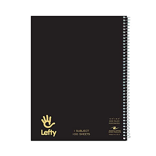 Roaring Spring Lefty Wirebound Spiral Left Handed Notebook, One Subject, 8.5"x10.5", 100 White Sheets Wide Ruled Paper, Asst Colors, Right Side Wire For Easier Use, Perforated, 3 Hole Punched