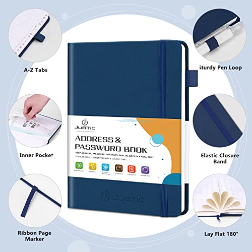 JUBTIC Address book with Alphabetical Tabs, Hardcover Password Keeper and Telephone Book Address Organizer for Contacts, Internet Login Address Log book Journal Notebook for Home or Office-Navy Blue