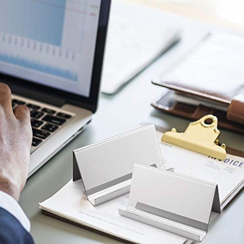 Sooez Business Card Holders Stand for Desk, 3 Pack Office Stainless Steel Business Card Table Top Display Stand Metal Name Card Holder Desktop Collection Rack Organizer, Mirror Silver