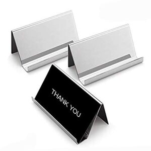 sooez business card holders stand for desk, 3 pack office stainless steel business card table top display stand metal name card holder desktop collection rack organizer, mirror silver