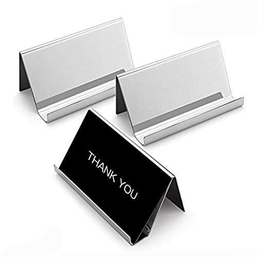 Sooez Business Card Holders Stand for Desk, 3 Pack Office Stainless Steel Business Card Table Top Display Stand Metal Name Card Holder Desktop Collection Rack Organizer, Mirror Silver