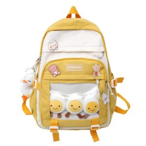 kawaii aesthetic cute back to school backpack with lovely accessories and pendant for girls and boys in 4 colors (yellow)