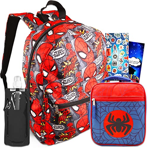 Spiderman Backpack and Lunch Box for Boys Set - Spiderman Backpack for Boys 7-8 Bundle with Backpack, Spiderman Lunch Bag, Water Bottle, Stickers, More | Spiderman Backpack Kids