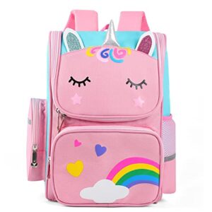 buti4wld unicorn backpack for girls, 15inch pink girls bookbag for school elementary, kids travel backpack with adjustable strap / side pocket / laptop compartment