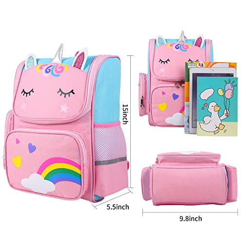 BUTI4WLD Unicorn Backpack for Girls, 15inch Pink Girls Bookbag for School Elementary, kids Travel Backpack with Adjustable Strap / Side Pocket / Laptop Compartment