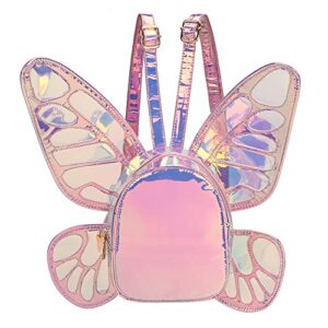 enjoinin women’s laser holographic backpack butterfly angel wings casual daypack shoulder bag for young girls (laser pink)