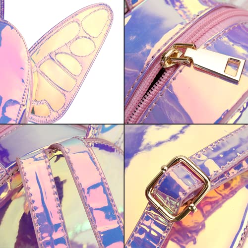 ENJOININ Women's Laser Holographic Backpack Butterfly Angel Wings Casual Daypack Shoulder bag for Young Girls (Laser Pink)