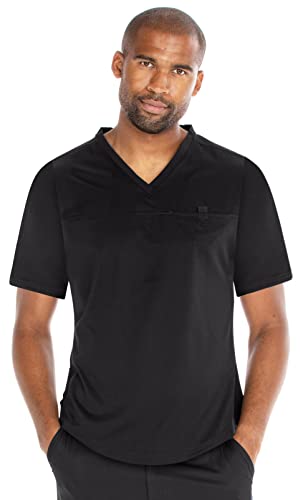 MediChic Men's V-Neck Hi-Low Top with One Chest Pocket and Mesh Gusset, Black, Size Large