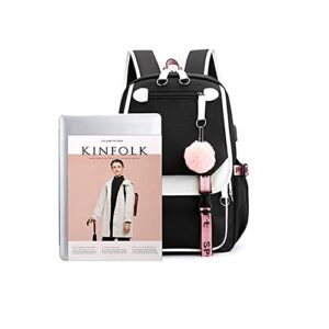 Backpacks For Teen Girls With USB Port,black cute backpack Can Hold 15.6in Notebook,Tablets.Girls Backpack Can Be Used As Gift for Students Or Friends(Black+Pink)