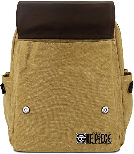 Roffatide Anime One Piece Backpack Khaki Canvas Book Bag Printed Flap School Bag With Earphone Hole